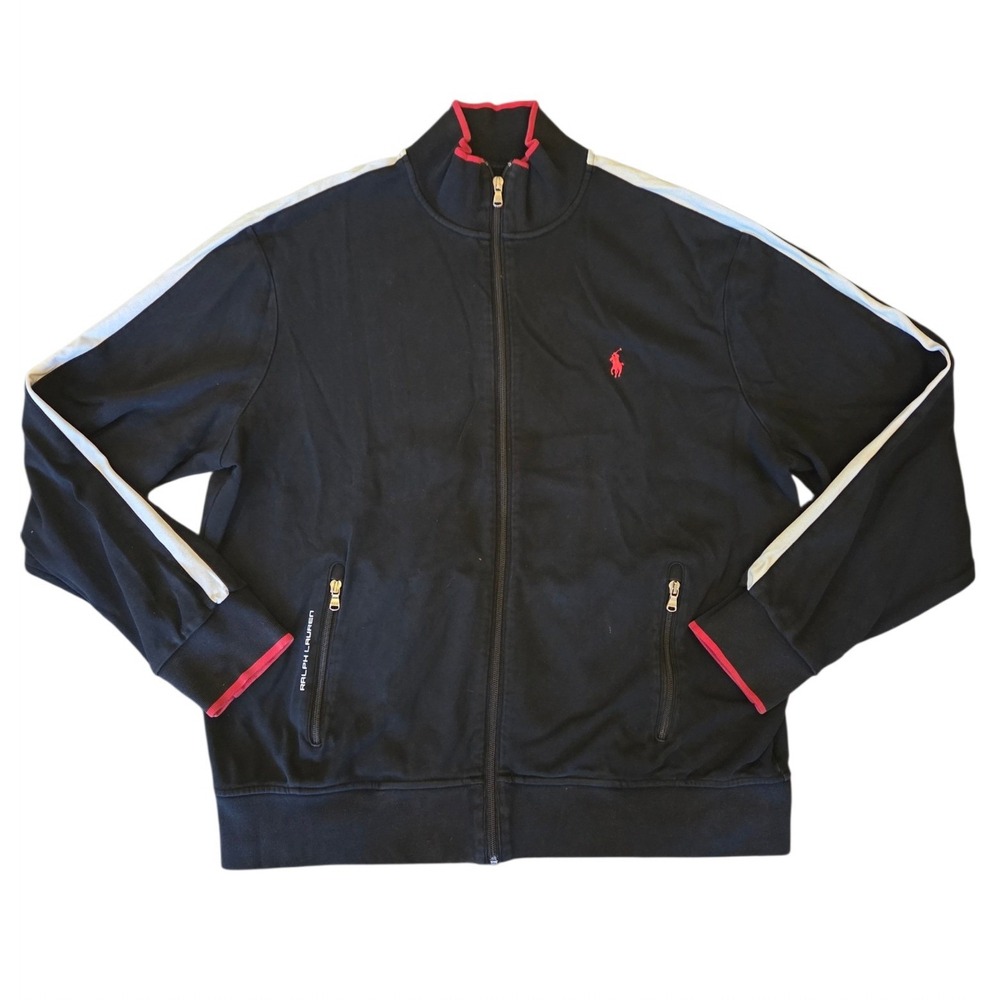 Polo Ralph Lauren Men's Double-Knit Track Jacket Black White Red Pony Large